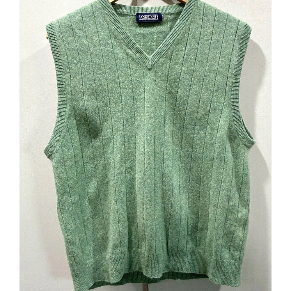 Vintage Lands’ End 100% Cashmere Sweater Vest Sage Green Ribbed Preppy L Japan